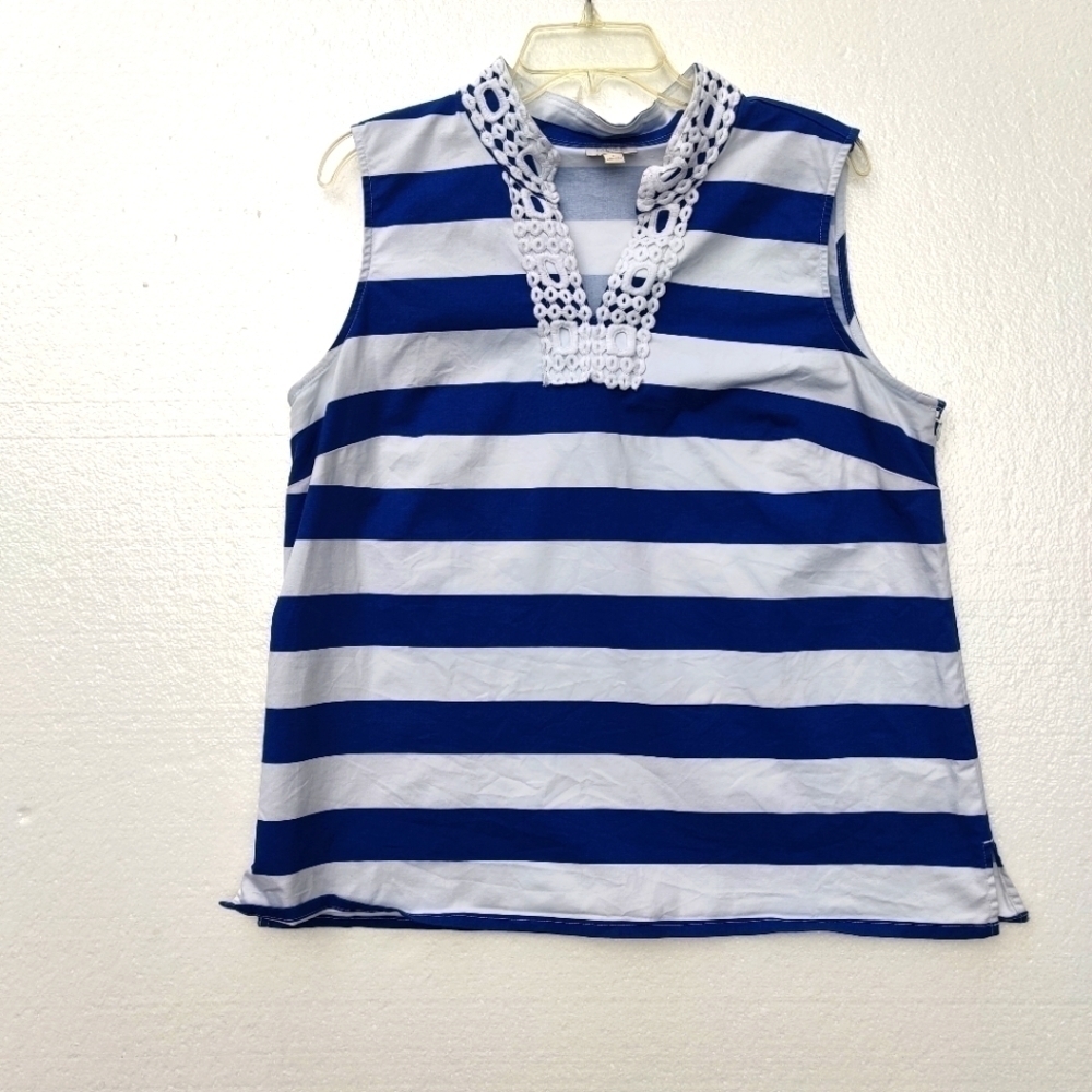 Talbots Summer Stripe Sleeves  Top with crotched neckline. Blue & White size L